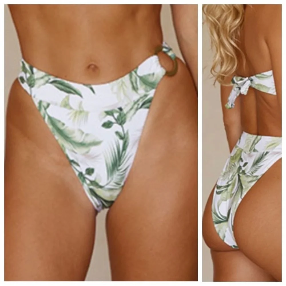NWT Monday Swimwear Antigua Bottoms Swimsuit Bikini Gold Circle High Cut in Palm